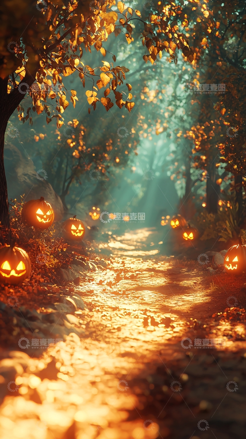 高清大图下载【趣麦麦图】秋日森林中的南瓜灯
