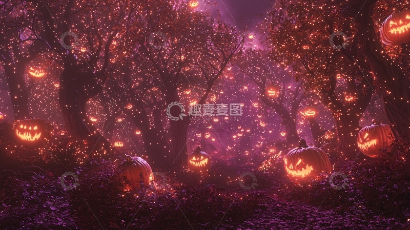 高清大图下载【趣麦麦图】万圣节南瓜灯森林夜景