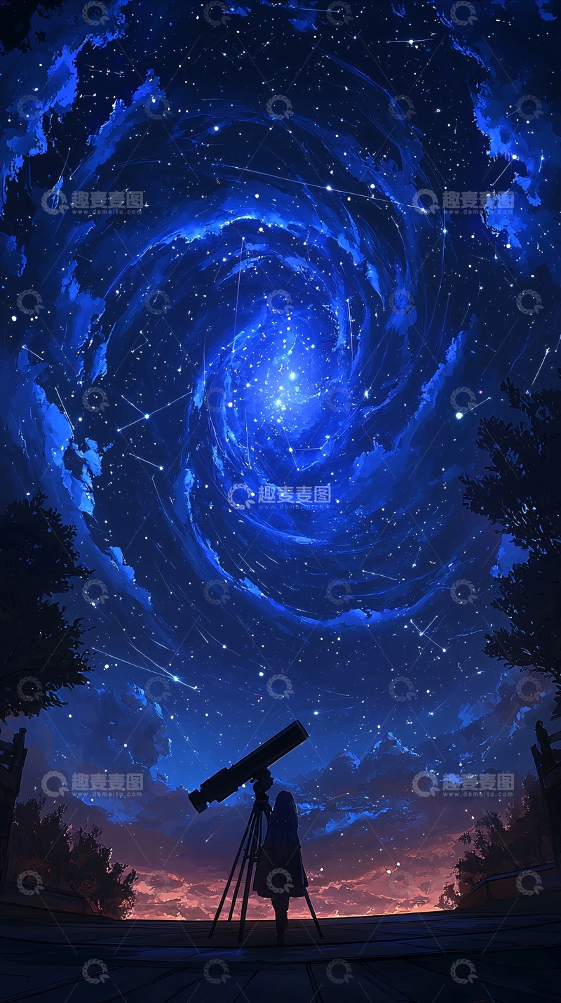 高清大图下载【趣麦麦图】仰望星空的少女与天文望远镜