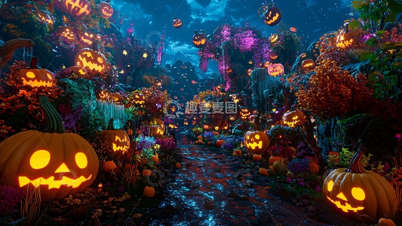 高清大图下载【趣麦麦图】万圣节南瓜灯森林夜景