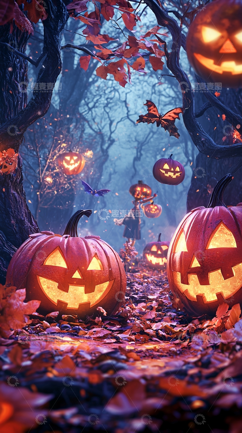 高清大图下载【趣麦麦图】万圣节南瓜森林夜景