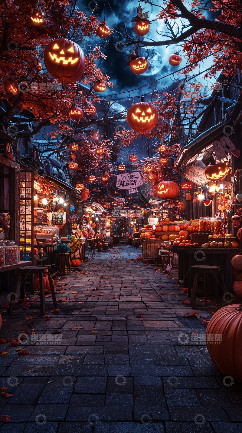 高清大图下载【趣麦麦图】万圣节夜市南瓜灯装饰