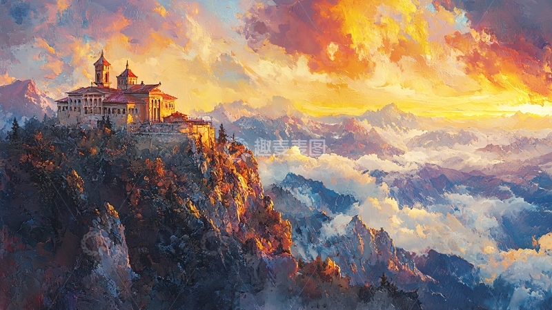 高清大图下载【趣麦麦图】山巅古楼阁与云海之间的日出光辉