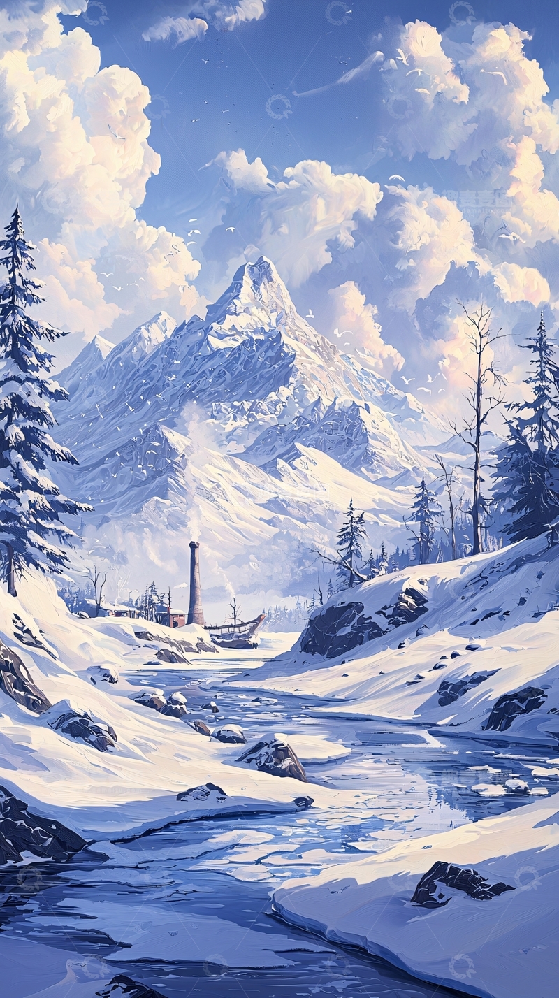 高清大图下载【趣麦麦图】冬日雪山下的宁静河流