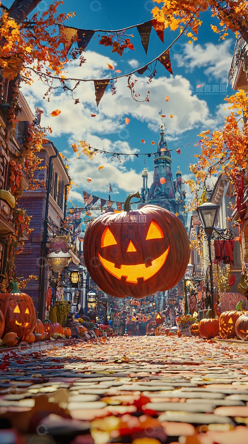 高清大图下载【趣麦麦图】万圣节南瓜灯装饰街道