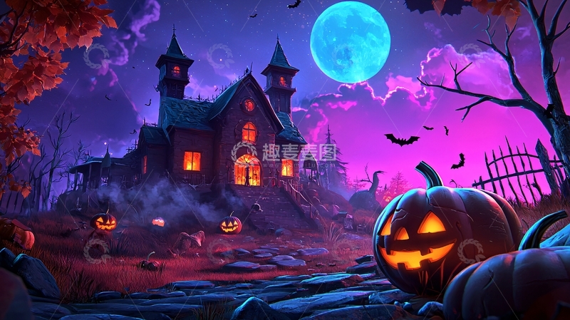 高清大图下载【趣麦麦图】万圣节夜景南瓜灯鬼屋