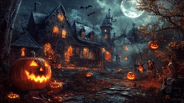 万圣节夜晚鬼屋南瓜灯