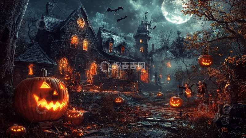 高清大图下载【趣麦麦图】万圣节夜晚鬼屋南瓜灯