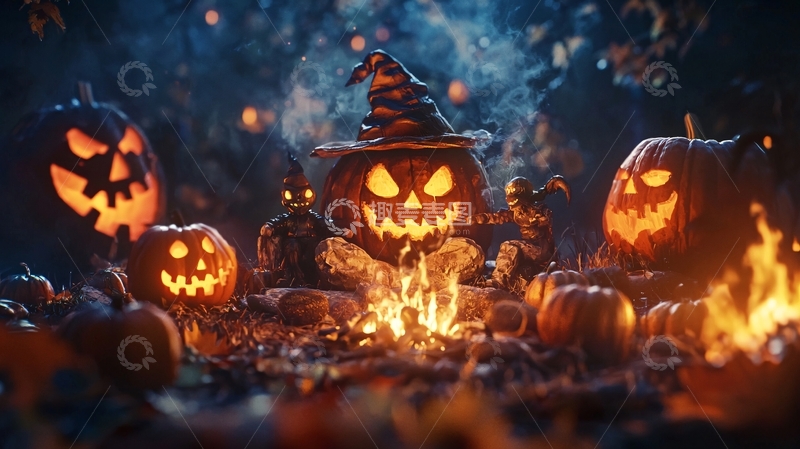 高清大图下载【趣麦麦图】万圣节南瓜篝火夜景