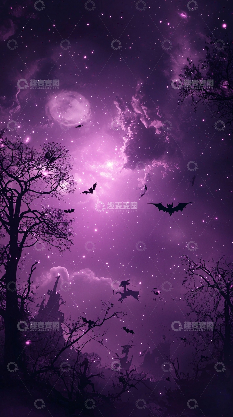 高清大图下载【趣麦麦图】紫色夜空下的蝙蝠与鬼屋