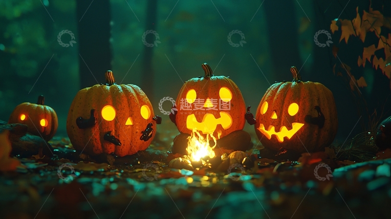 高清大图下载【趣麦麦图】万圣节南瓜灯篝火夜景