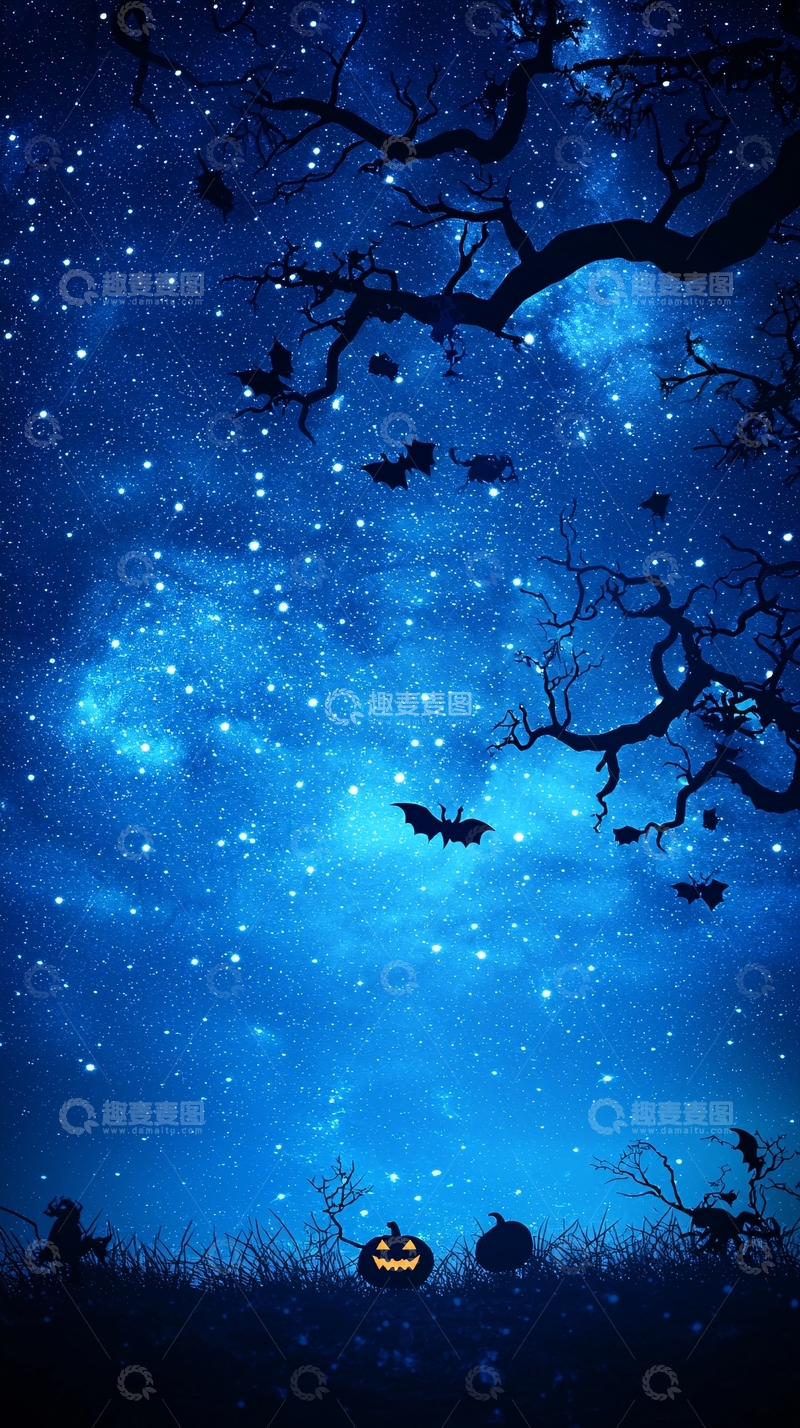 高清大图下载【趣麦麦图】万圣节夜空下的蝙蝠和南瓜灯