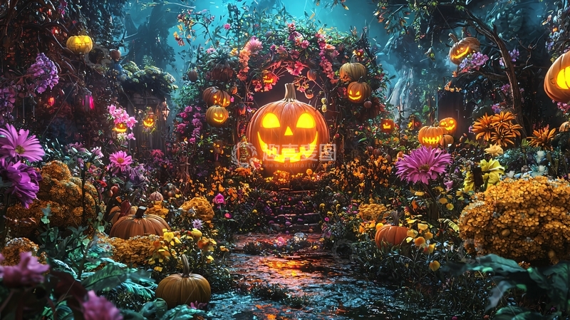 高清大图下载【趣麦麦图】万圣节南瓜灯花园场景