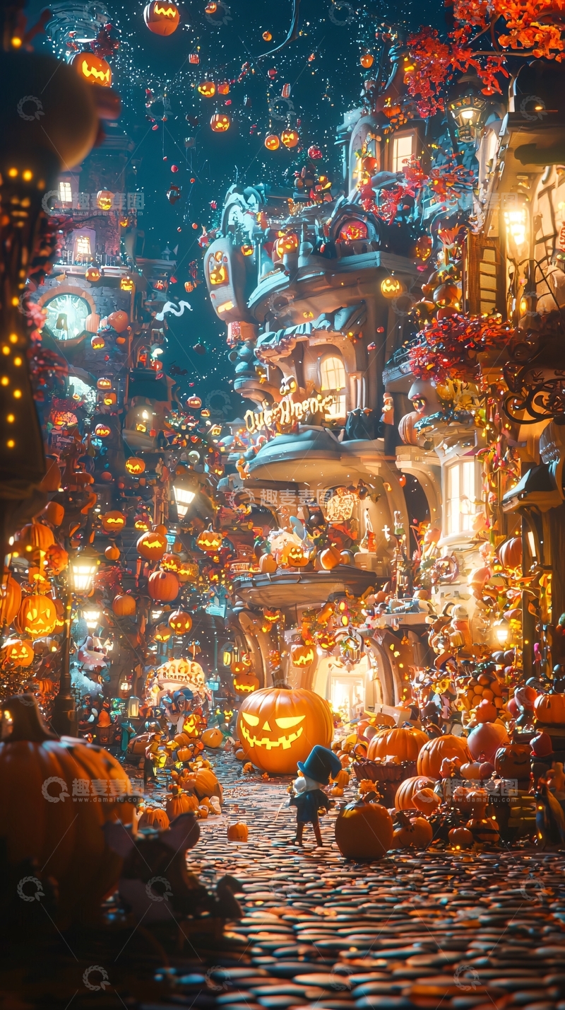 高清大图下载【趣麦麦图】万圣节南瓜小镇夜景