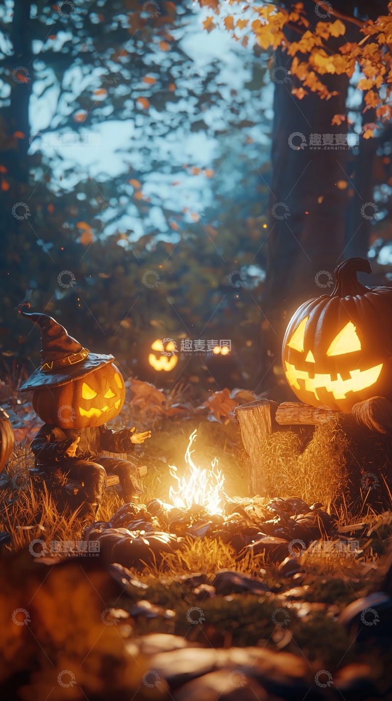 高清大图下载【趣麦麦图】万圣节南瓜灯篝火夜景