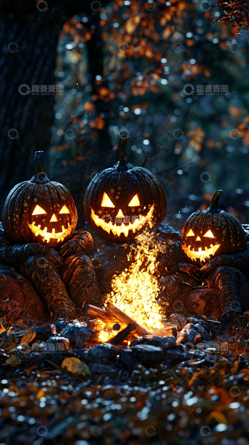 高清大图下载【趣麦麦图】万圣节南瓜篝火夜景