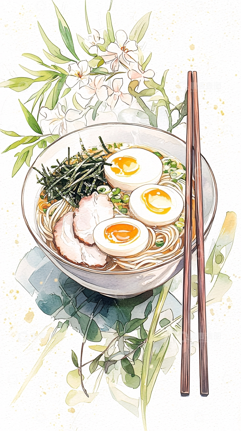 高清大图下载【趣麦麦图】日式拉面与樱花插画