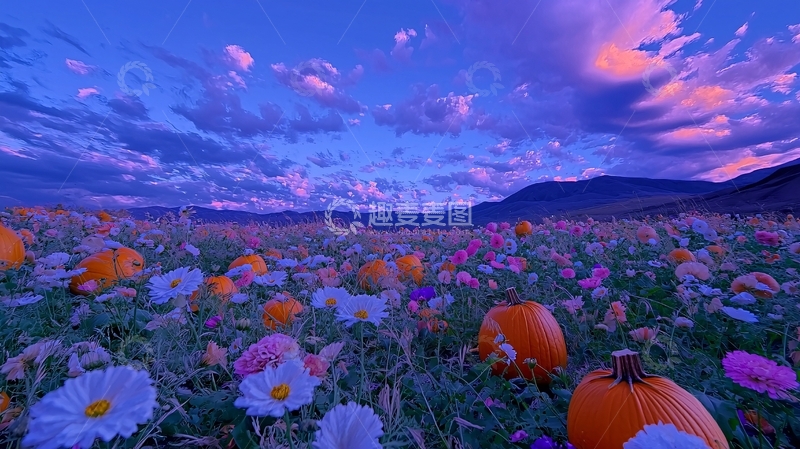 高清大图下载【趣麦麦图】秋日南瓜花海夕阳美景