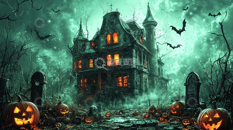 高清大图下载【趣麦麦图】万圣节鬼屋与南瓜灯