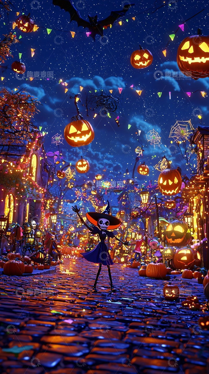 高清大图下载【趣麦麦图】万圣节夜晚南瓜灯街道