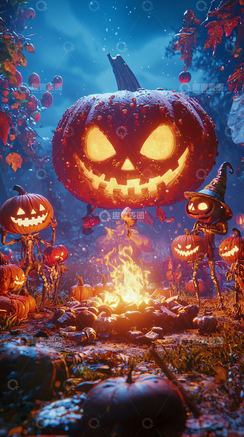 高清大图下载【趣麦麦图】万圣节南瓜篝火夜景