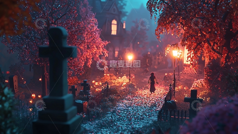 高清大图下载【趣麦麦图】秋夜墓地中的孤独身影