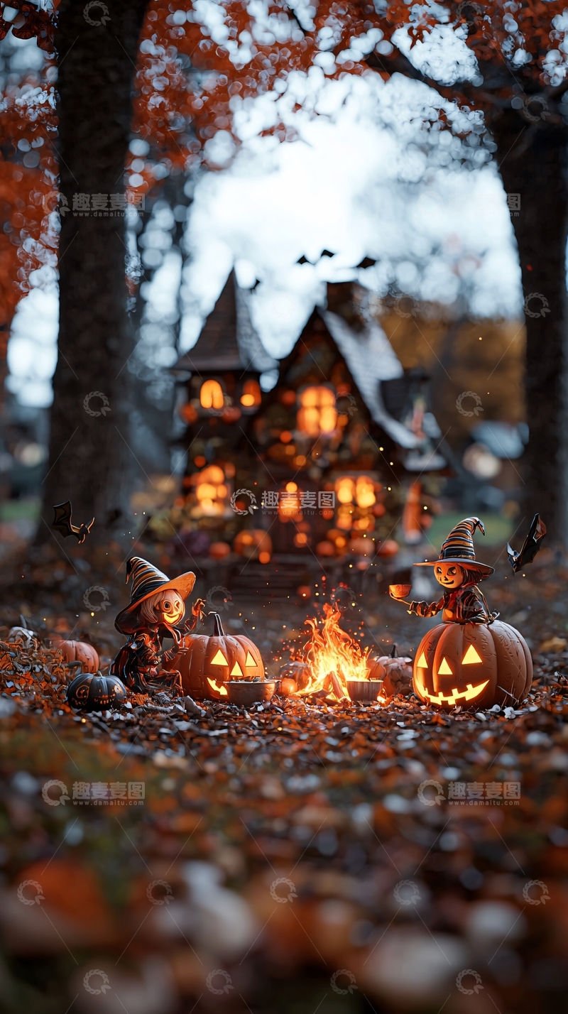 高清大图下载【趣麦麦图】万圣节南瓜灯与小巫师
