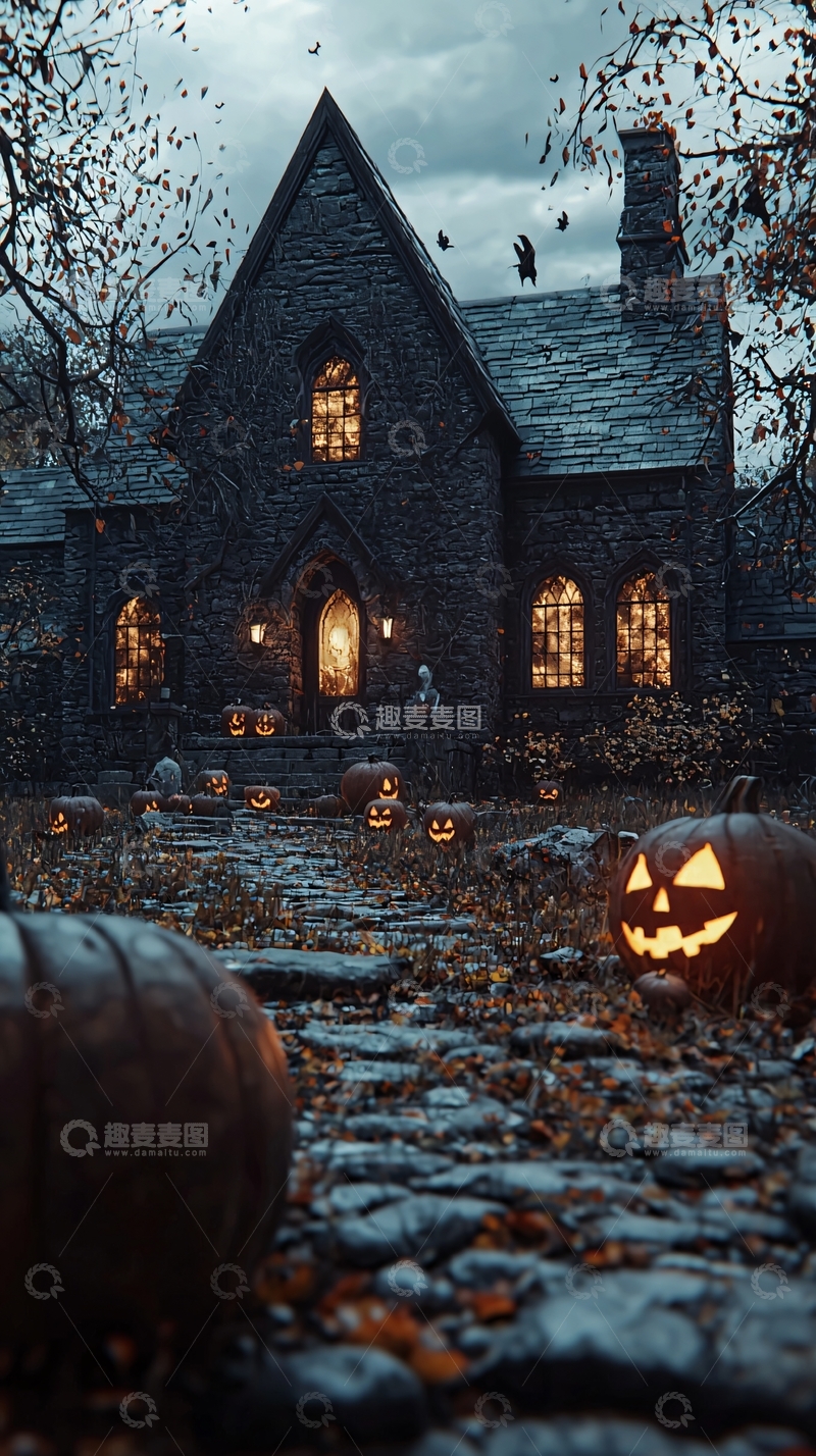 高清大图下载【趣麦麦图】万圣节南瓜灯前的老宅