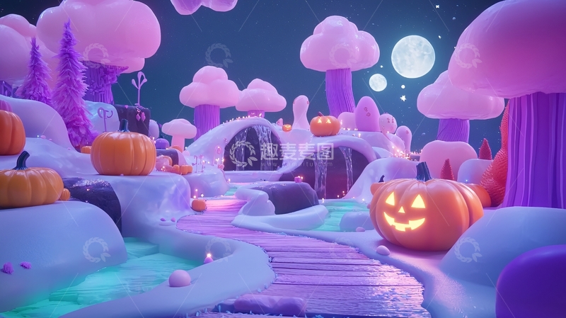 高清大图下载【趣麦麦图】梦幻南瓜灯森林夜景