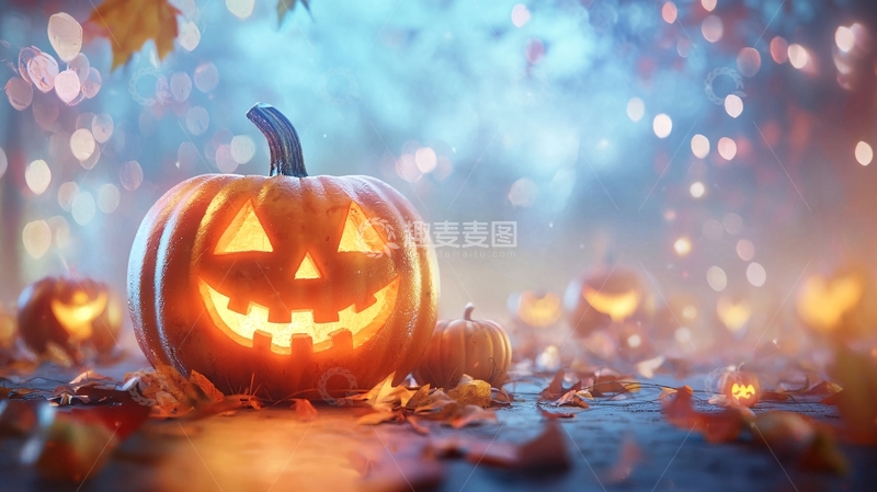 高清大图下载【趣麦麦图】万圣节南瓜灯与落叶
