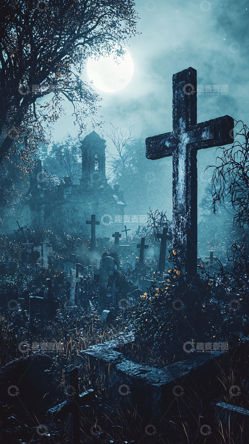 高清大图下载【趣麦麦图】月光下的古老墓地