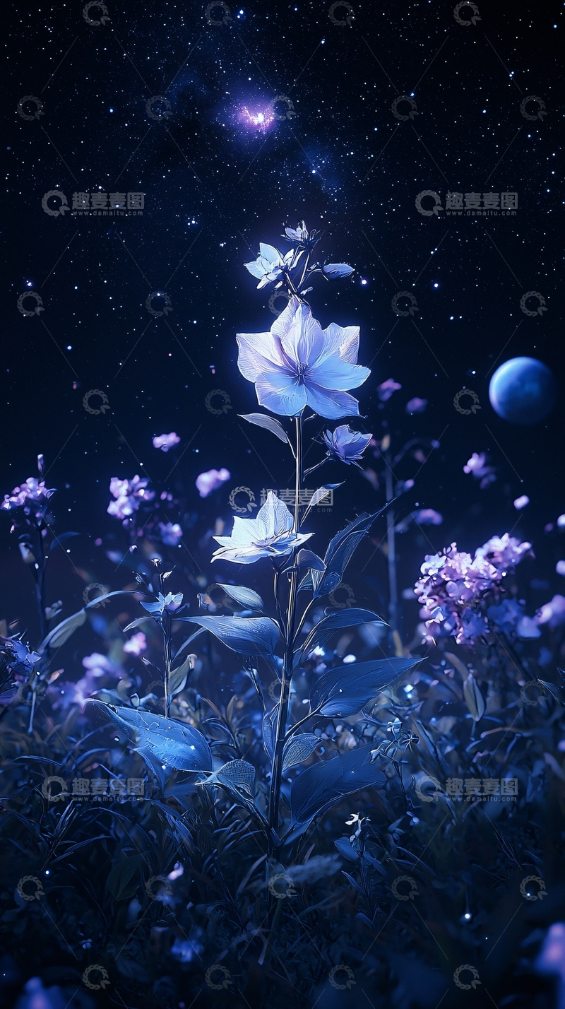 高清大图下载【趣麦麦图】梦幻星空下的蓝色花朵
