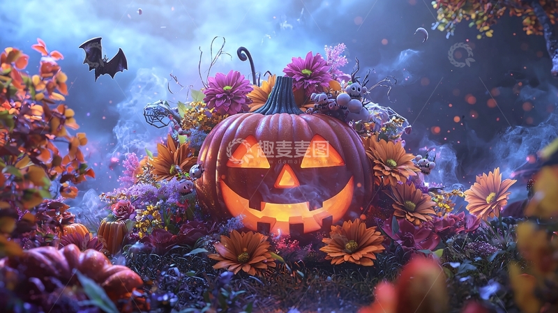 高清大图下载【趣麦麦图】万圣节南瓜灯与花朵装饰