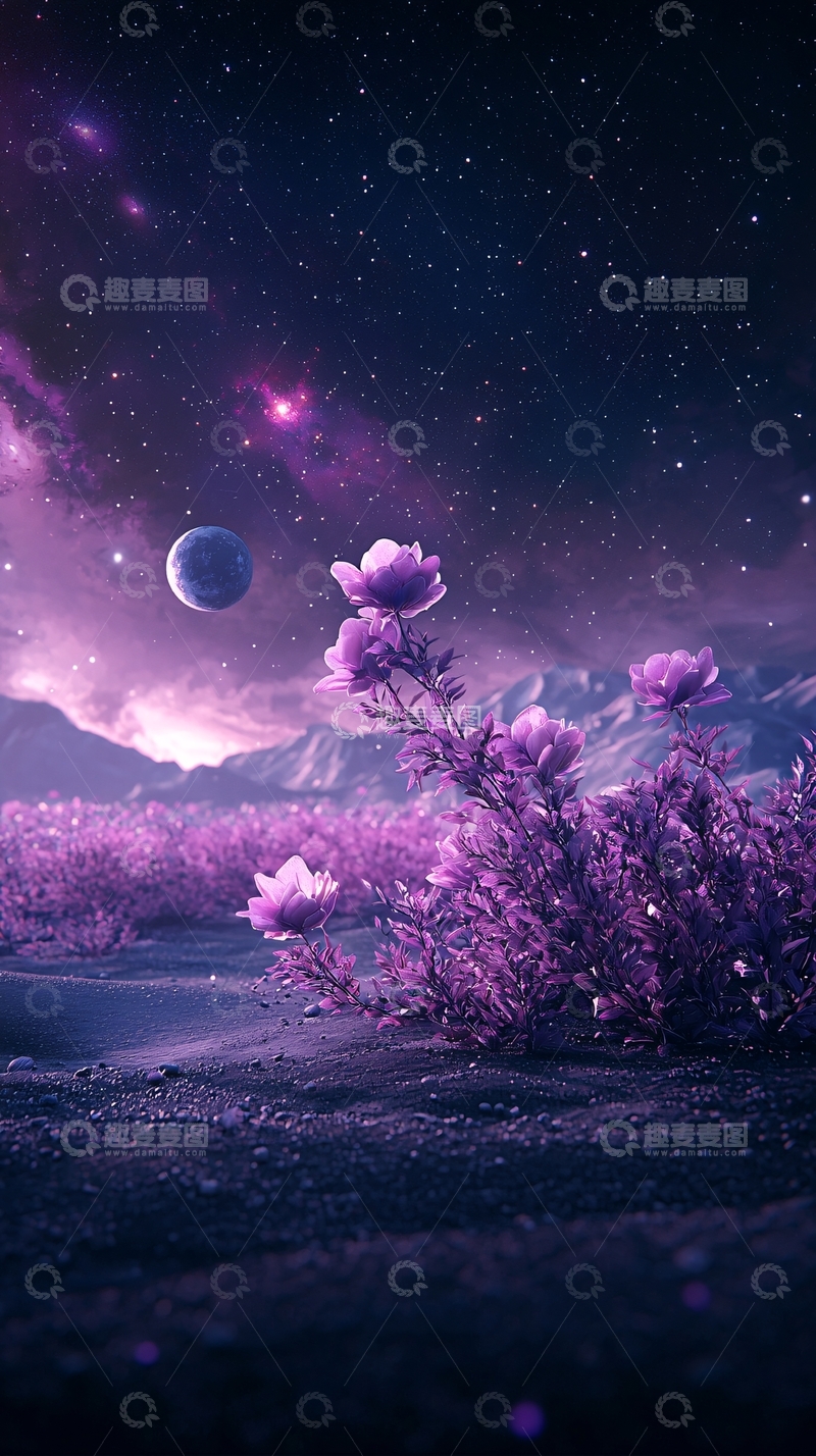 高清大图下载【趣麦麦图】梦幻紫色星球下的花海