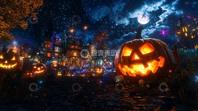 高清大图下载【趣麦麦图】万圣节南瓜灯与神秘城堡夜景