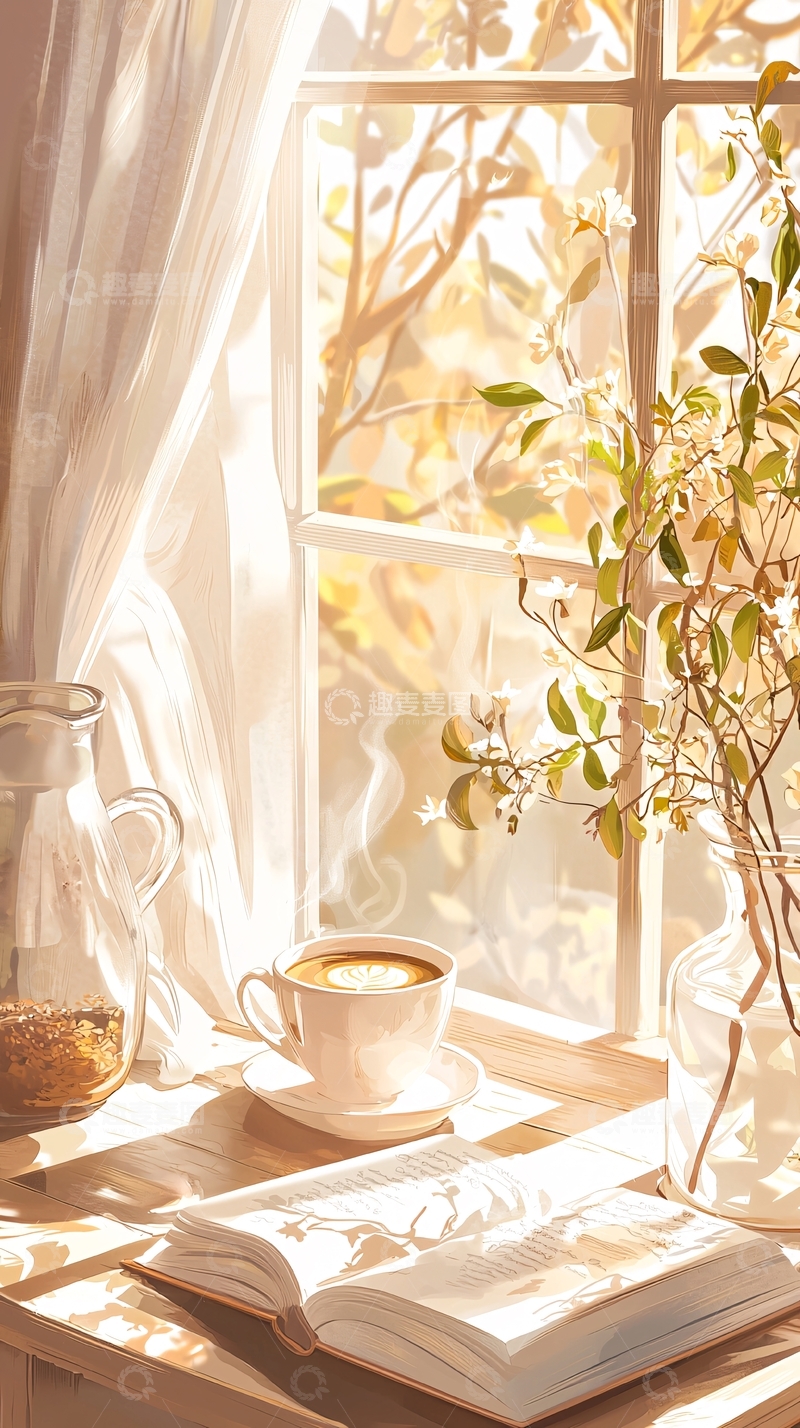 高清大图下载【趣麦麦图】阳光窗边的咖啡与书