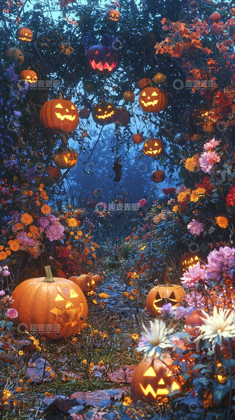 高清大图下载【趣麦麦图】万圣节南瓜灯花园场景