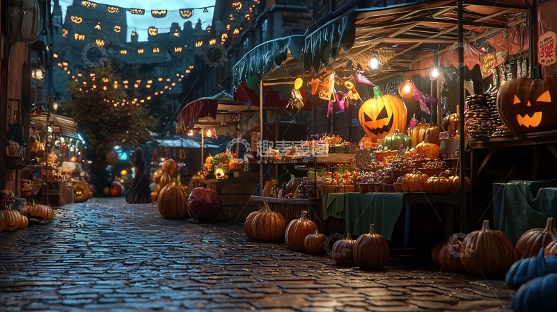 高清大图下载【趣麦麦图】万圣节夜市南瓜灯装饰