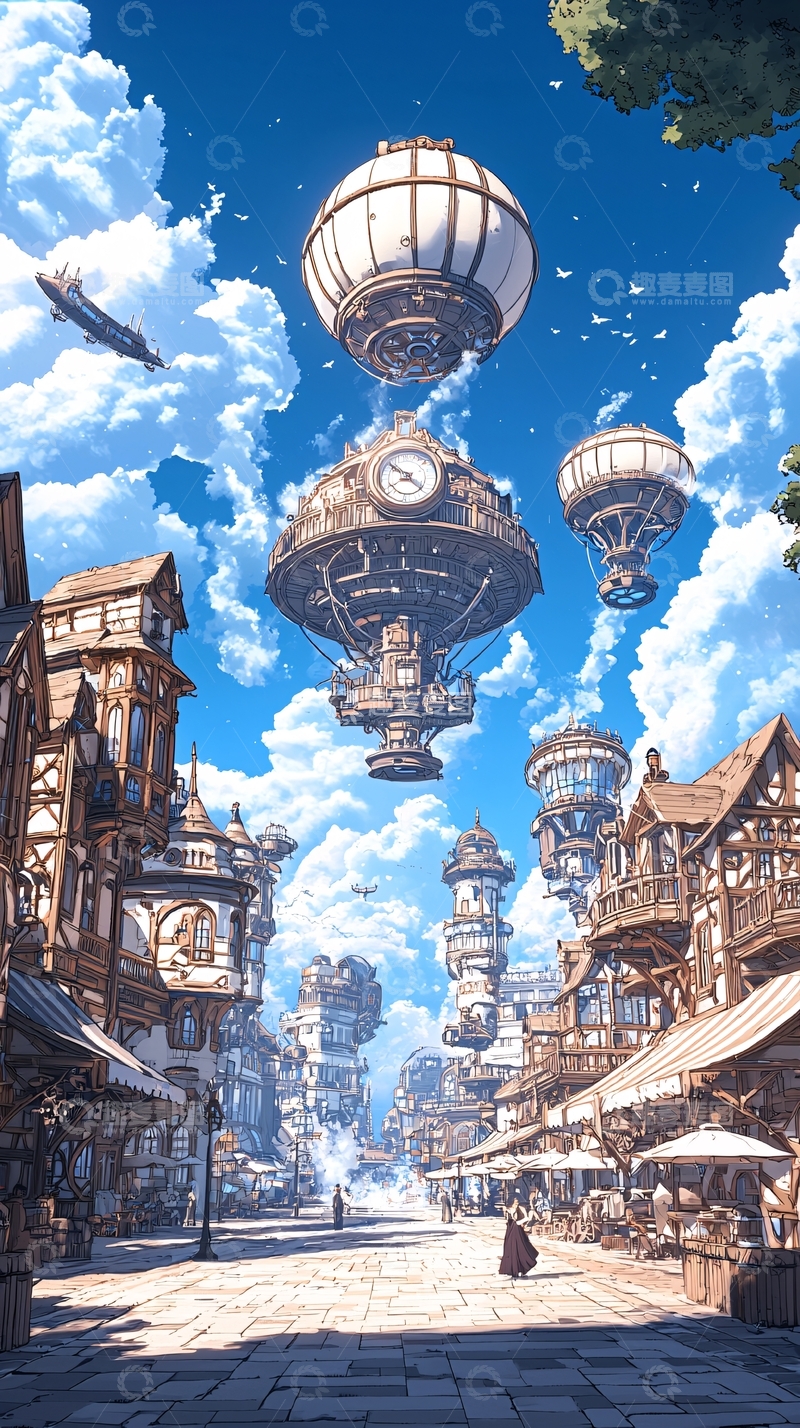 高清大图下载【趣麦麦图】未来幻想城市空中飞艇