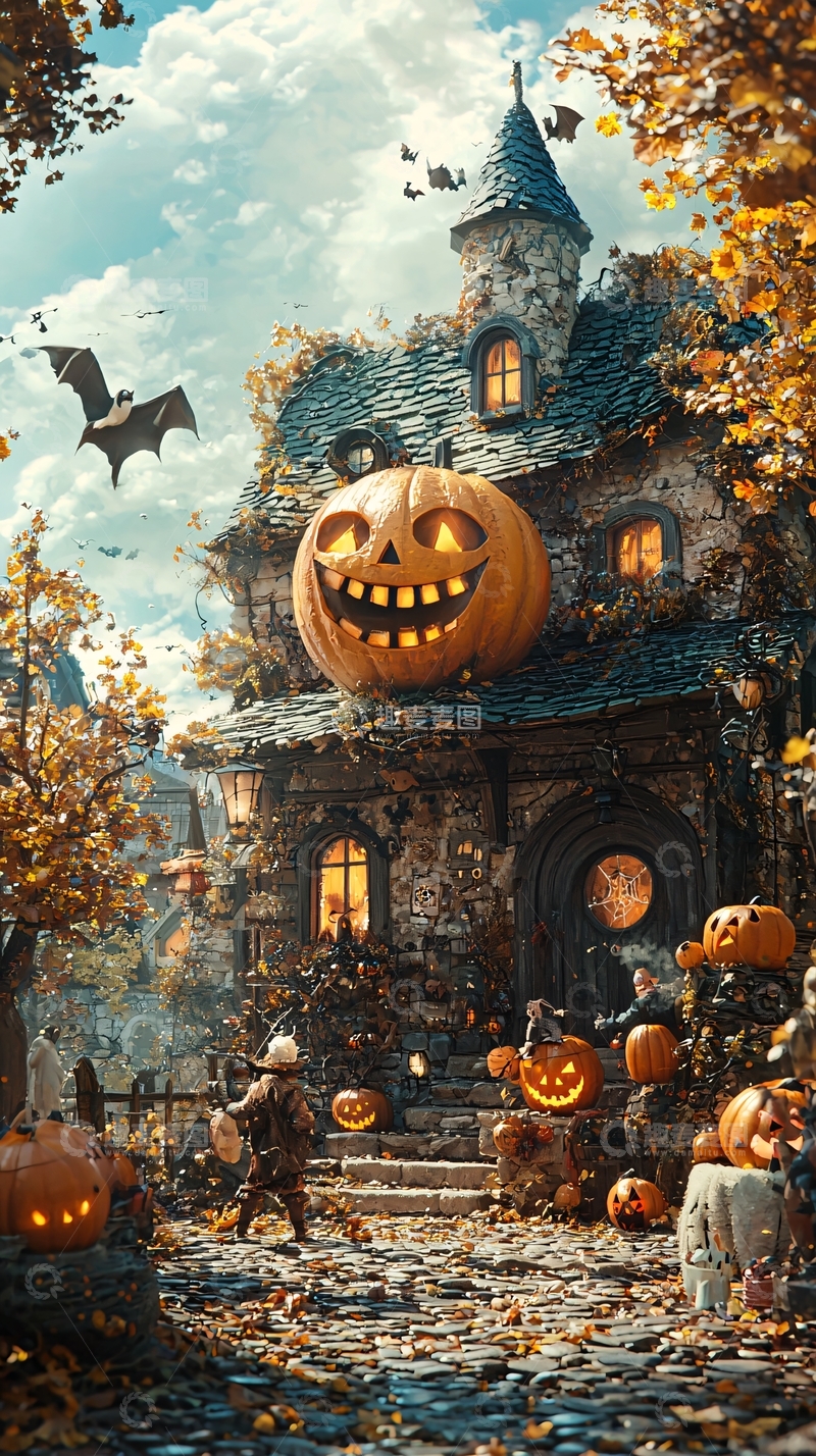 高清大图下载【趣麦麦图】万圣节南瓜灯下的石屋