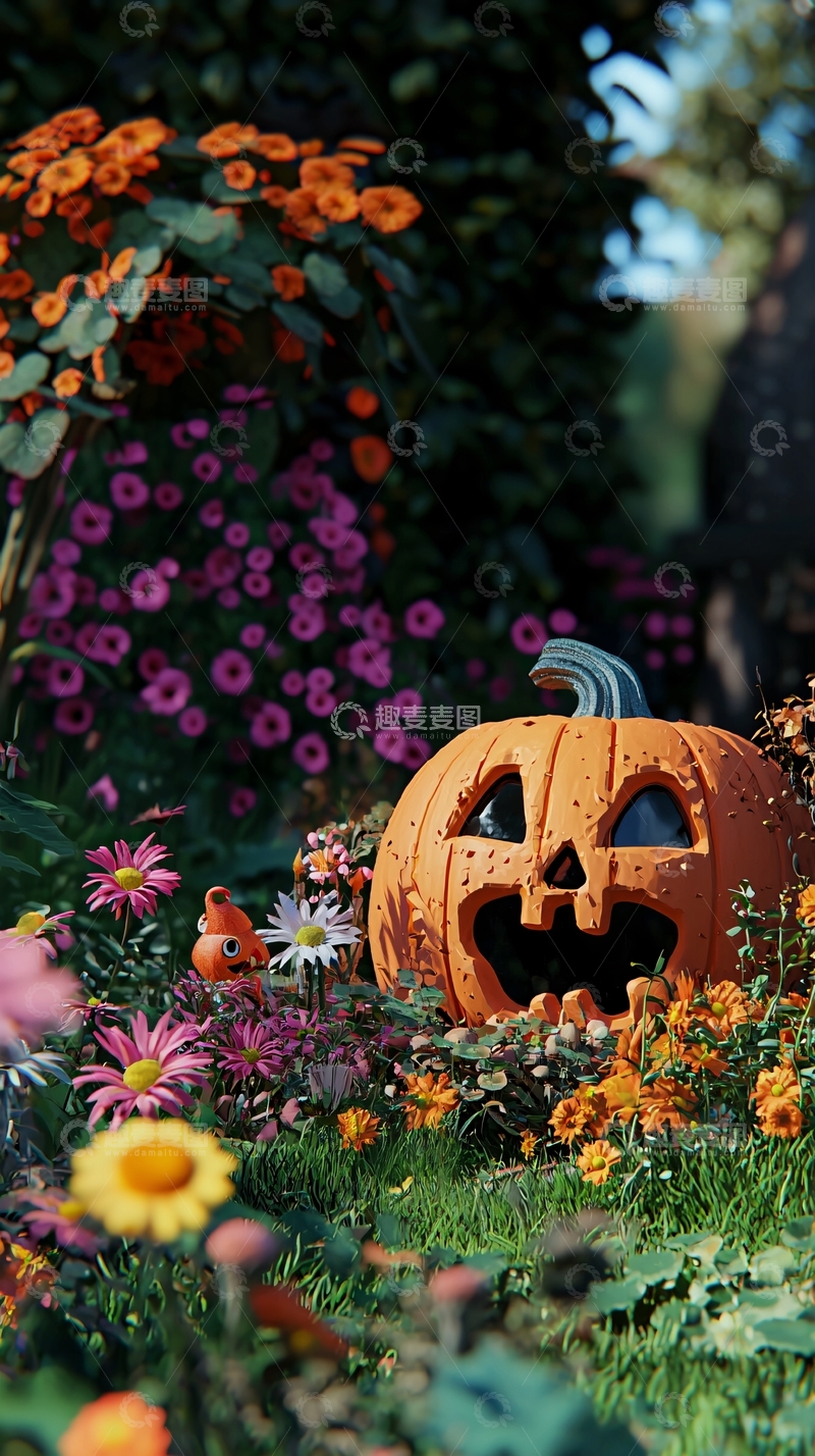 高清大图下载【趣麦麦图】万圣节南瓜与花朵装饰场景