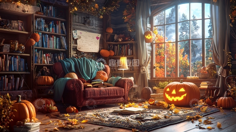 高清大图下载【趣麦麦图】万圣节装饰的温馨客厅