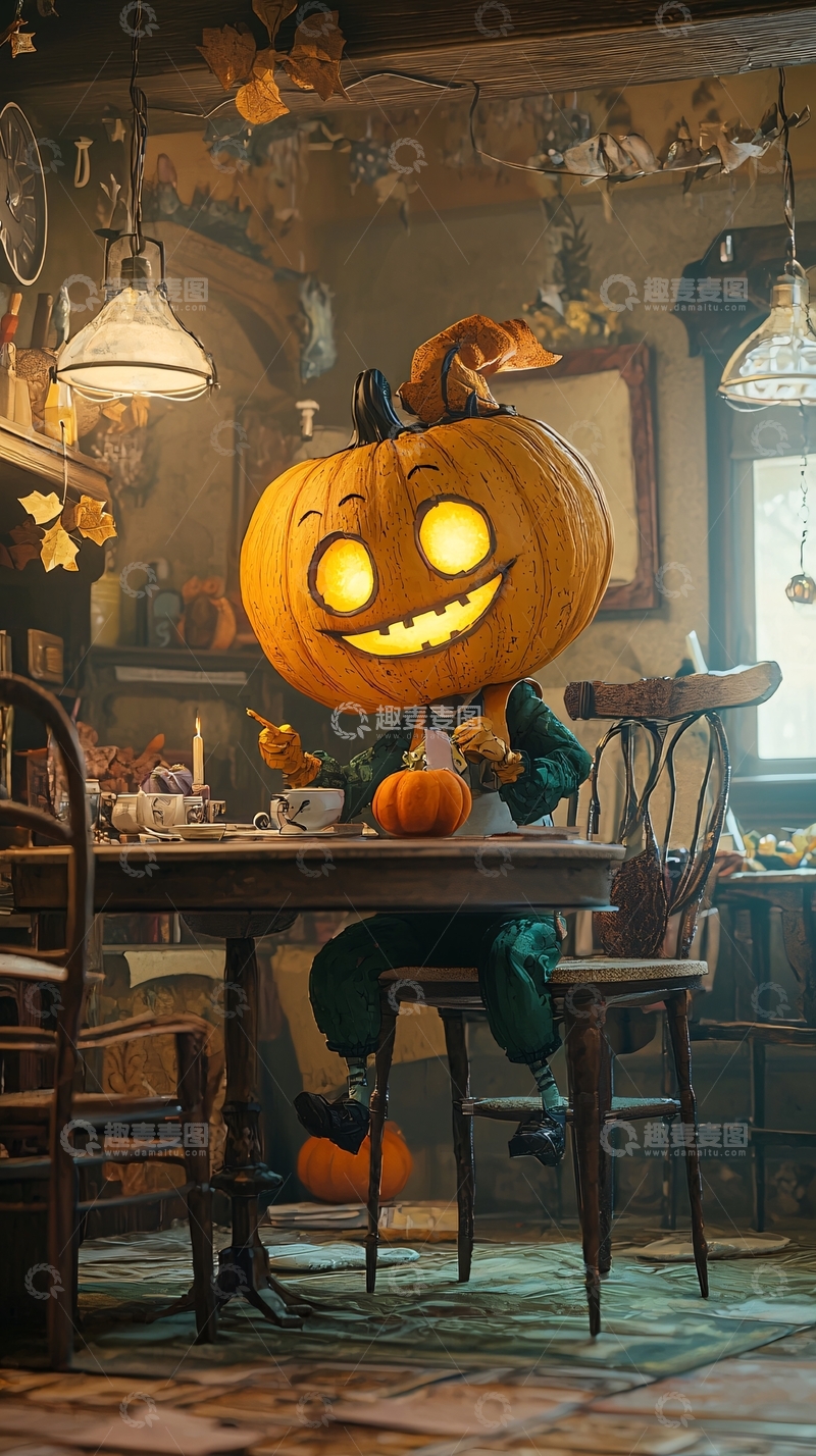 高清大图下载【趣麦麦图】万圣节南瓜灯桌前的场景