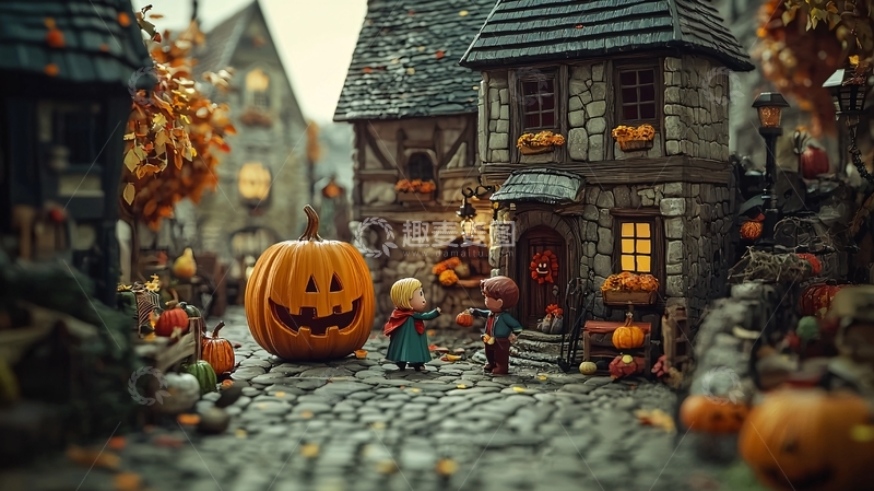 高清大图下载【趣麦麦图】万圣节小镇上的南瓜灯与孩子们