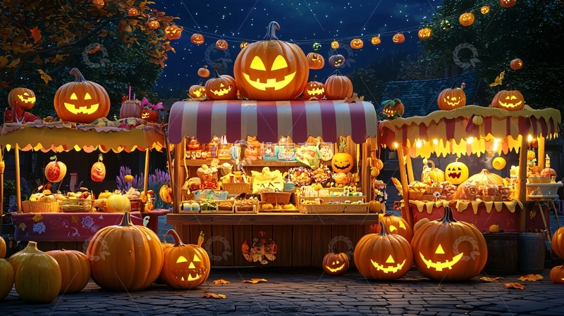 高清大图下载【趣麦麦图】万圣节南瓜灯糖果摊夜景