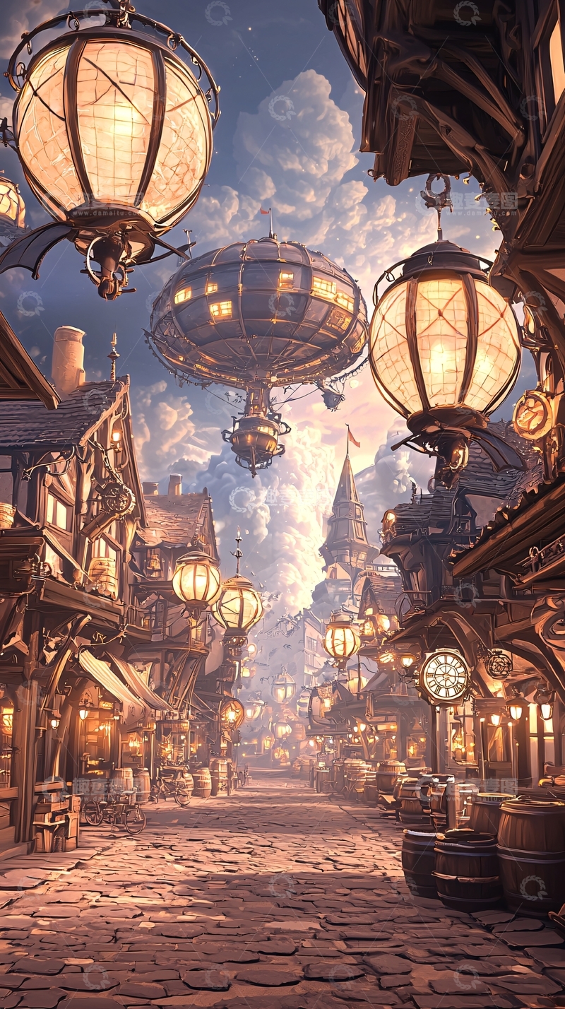高清大图下载【趣麦麦图】奇幻蒸汽朋克小镇夜景