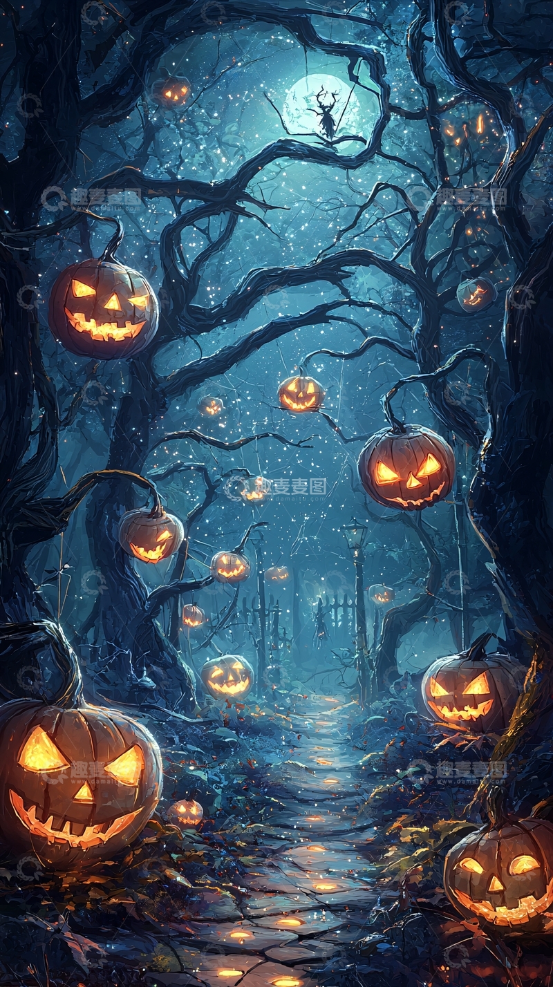 高清大图下载【趣麦麦图】万圣节森林南瓜灯夜景