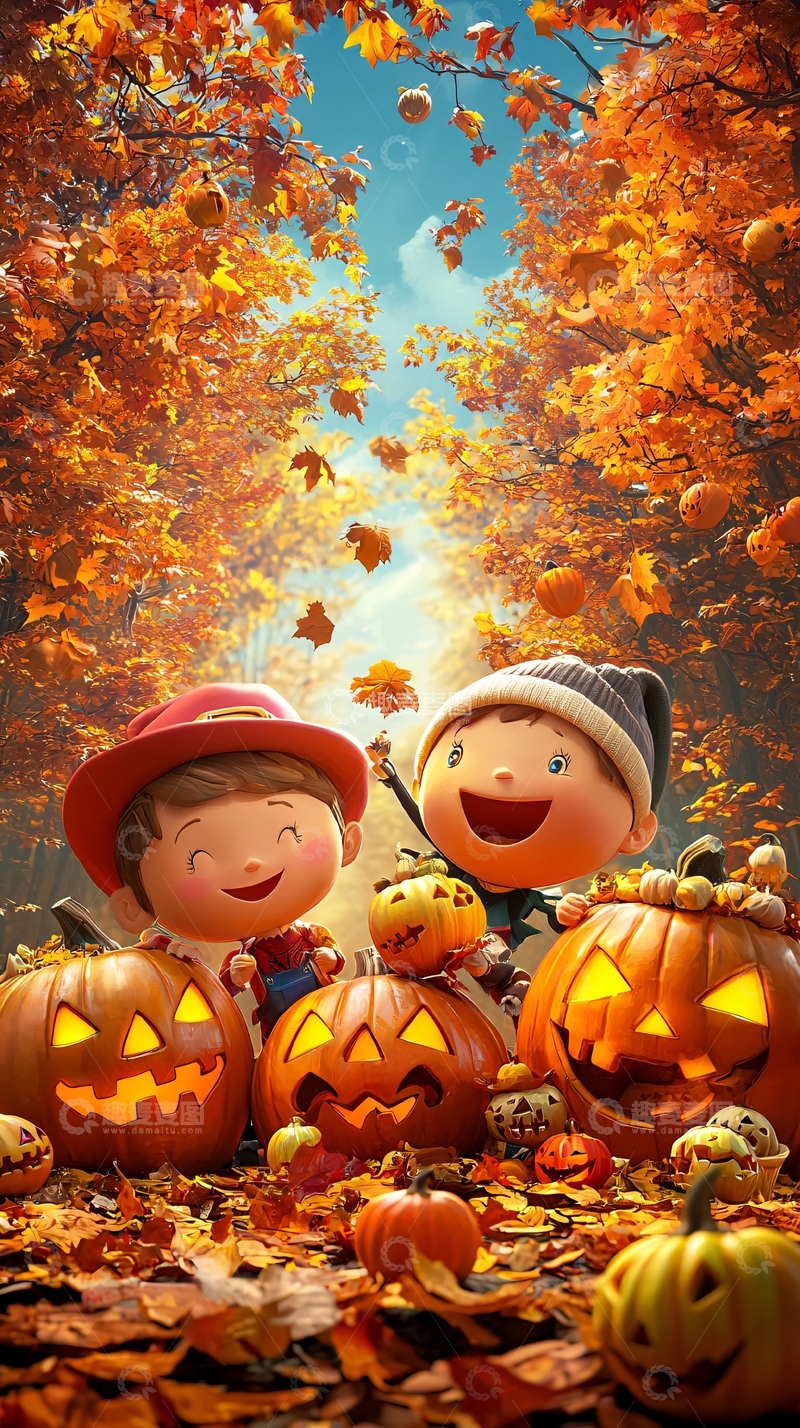 高清大图下载【趣麦麦图】秋日万圣节南瓜灯儿童快乐