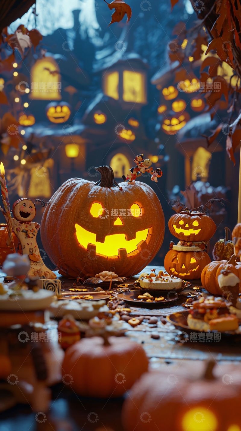 高清大图下载【趣麦麦图】万圣节南瓜灯与糖果装饰场景