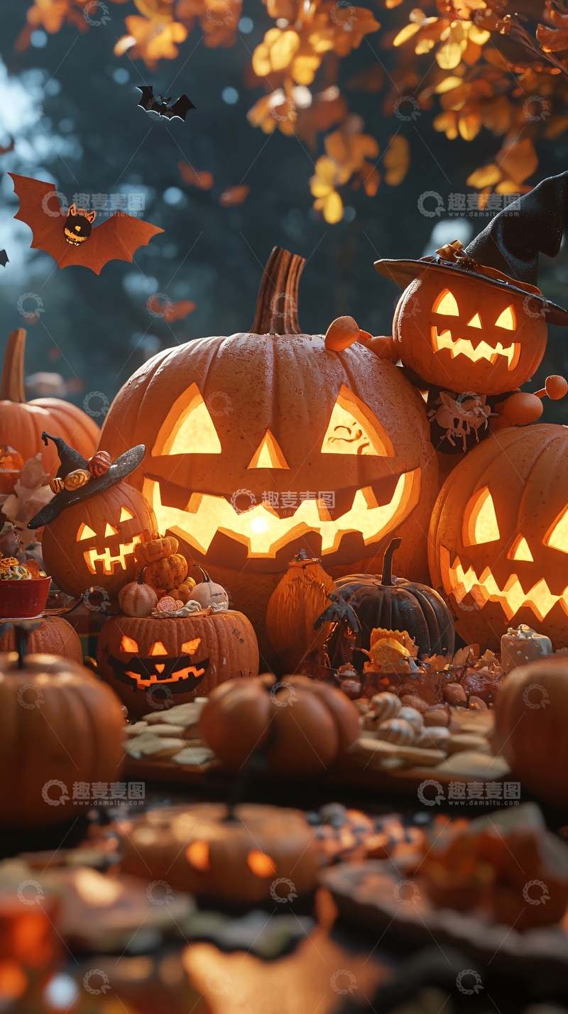 高清大图下载【趣麦麦图】万圣节南瓜灯与树叶背景